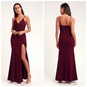 Lulu’s Leandra Burgundy Crochet Lace Bodice Chiffon Slit Formal Maxi Dress